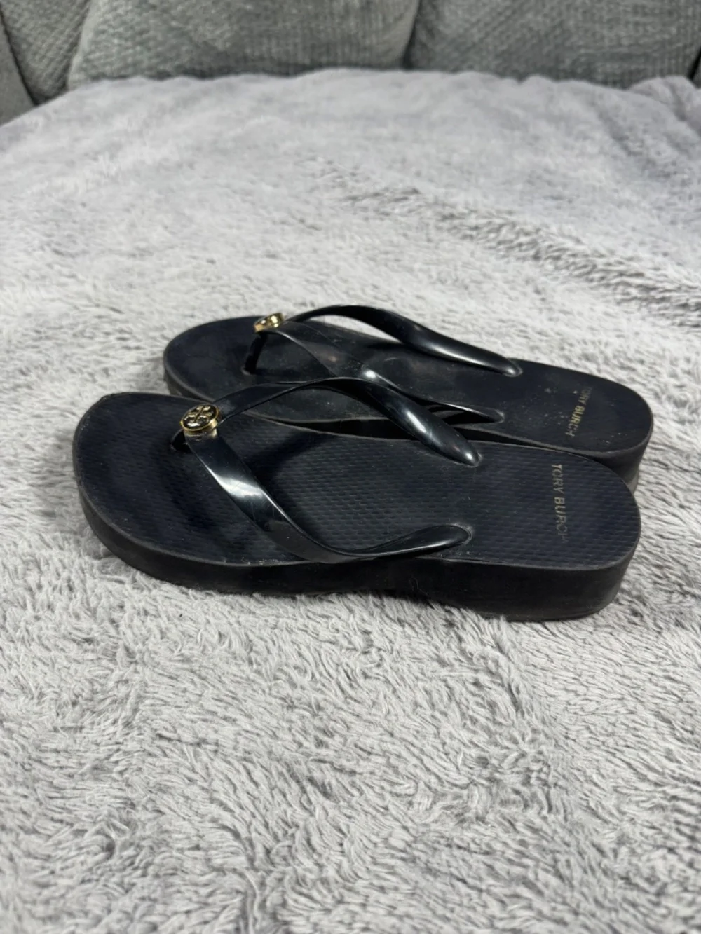 Tory Burch Flip Flop Sandals Women's Size 8 Black Logo Wedge Platform Thong